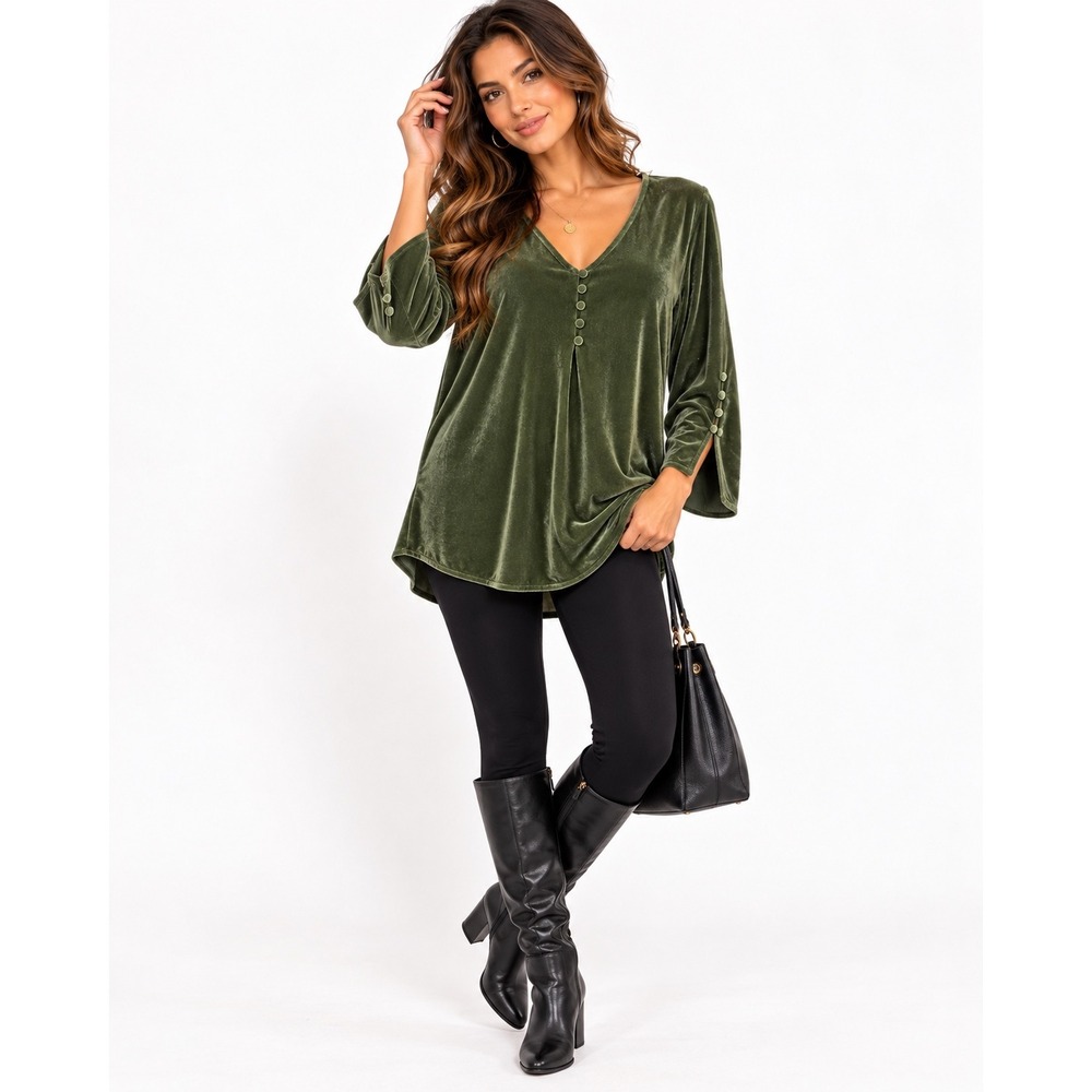 Soft Surroundings Olive Green Velvet Tunic V Neck Button Cuff Boho Fairycore S